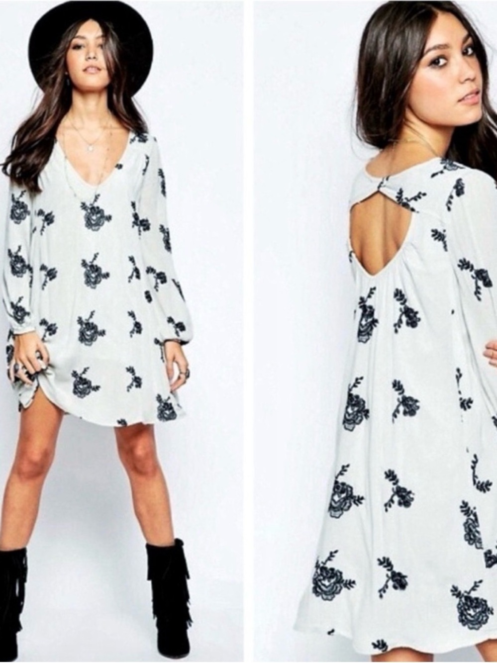 Free People Boho Austin Embroidered Tunic Mini Dress Soft Sage Floral Size M